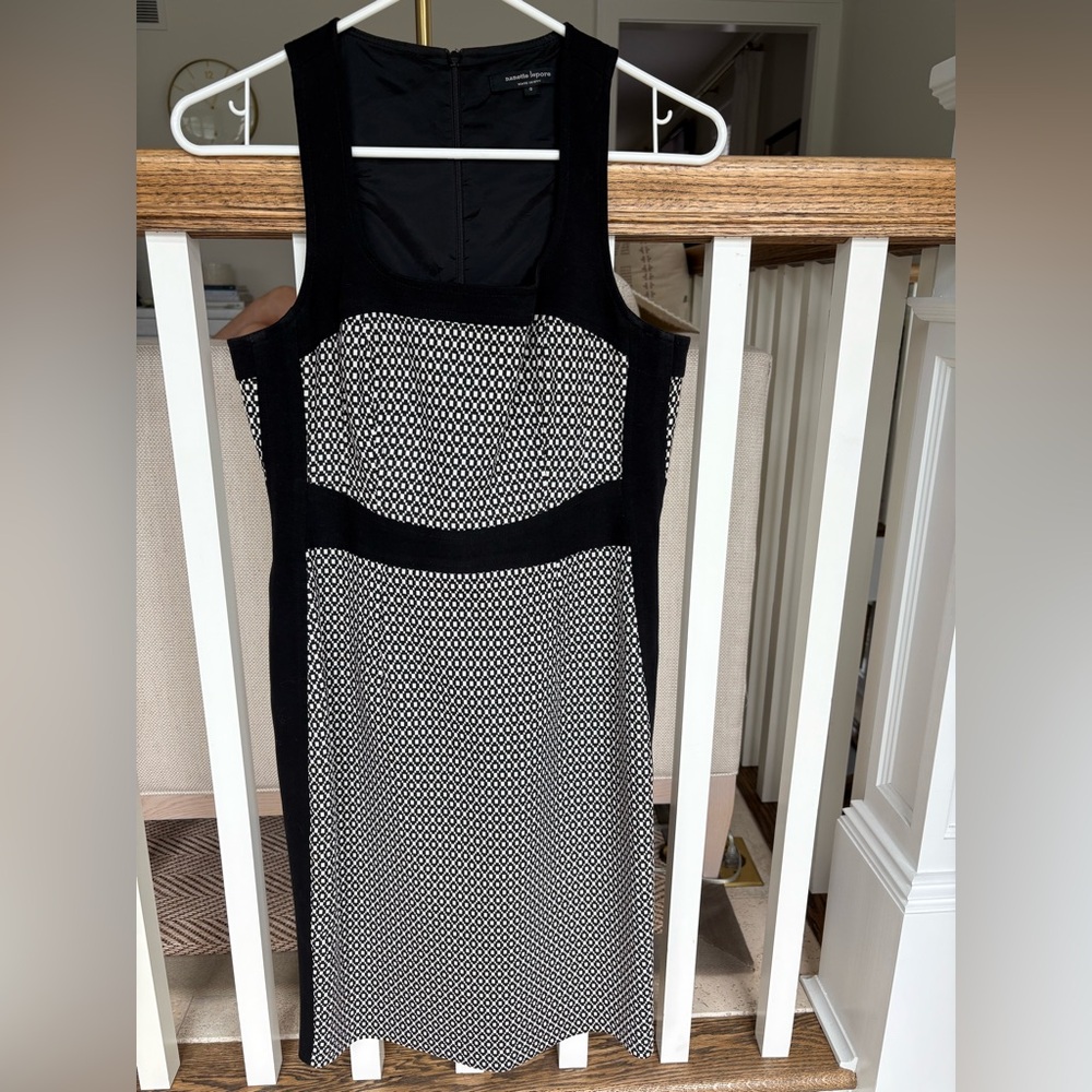 Nanette Lepore Black and White Sleeveless Sheath Midi Dress